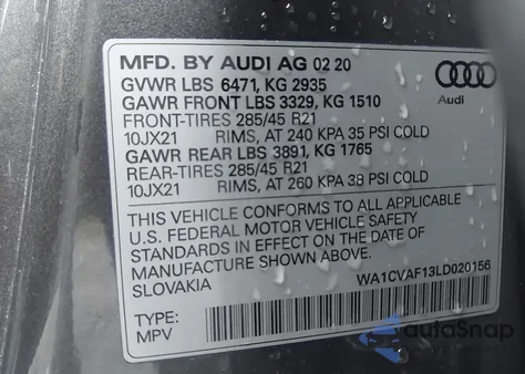 2020 Audi Q8 Prestige 55 Tfsi Quattro Tiptronic из США, поврежденный, VIN WA1CVAF13LD020156